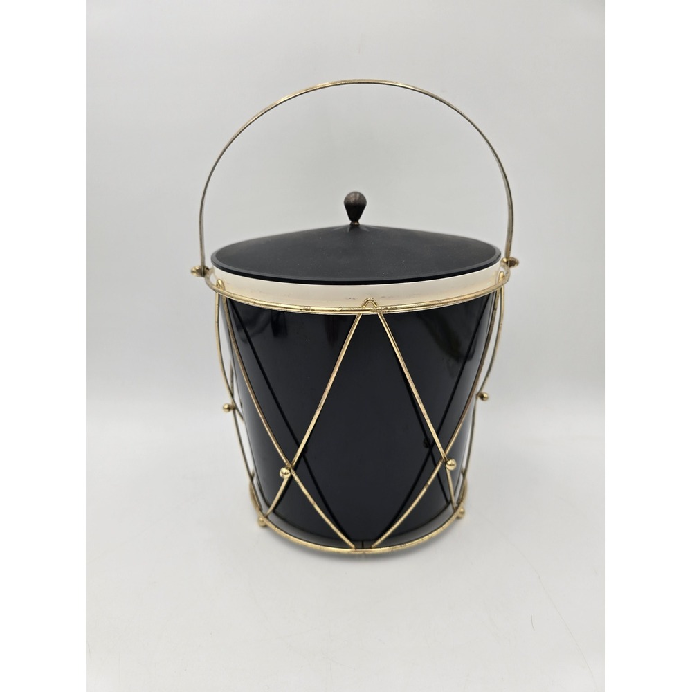 Vintage American Thermos 3940 Ice Bucket Black Gold Metal Wire Drum Frame MCM